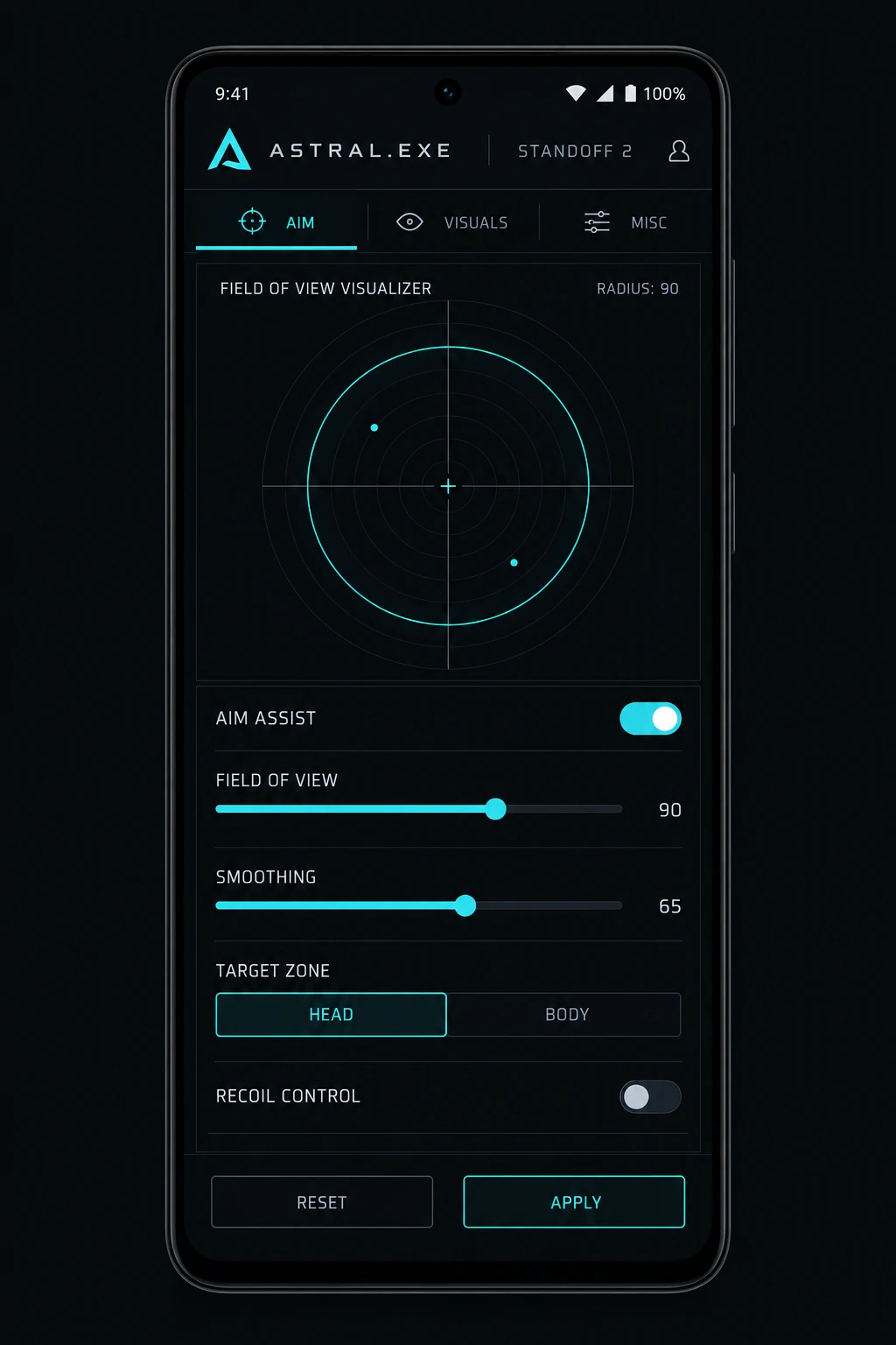 Мобильная панель Astral с настройками Aim